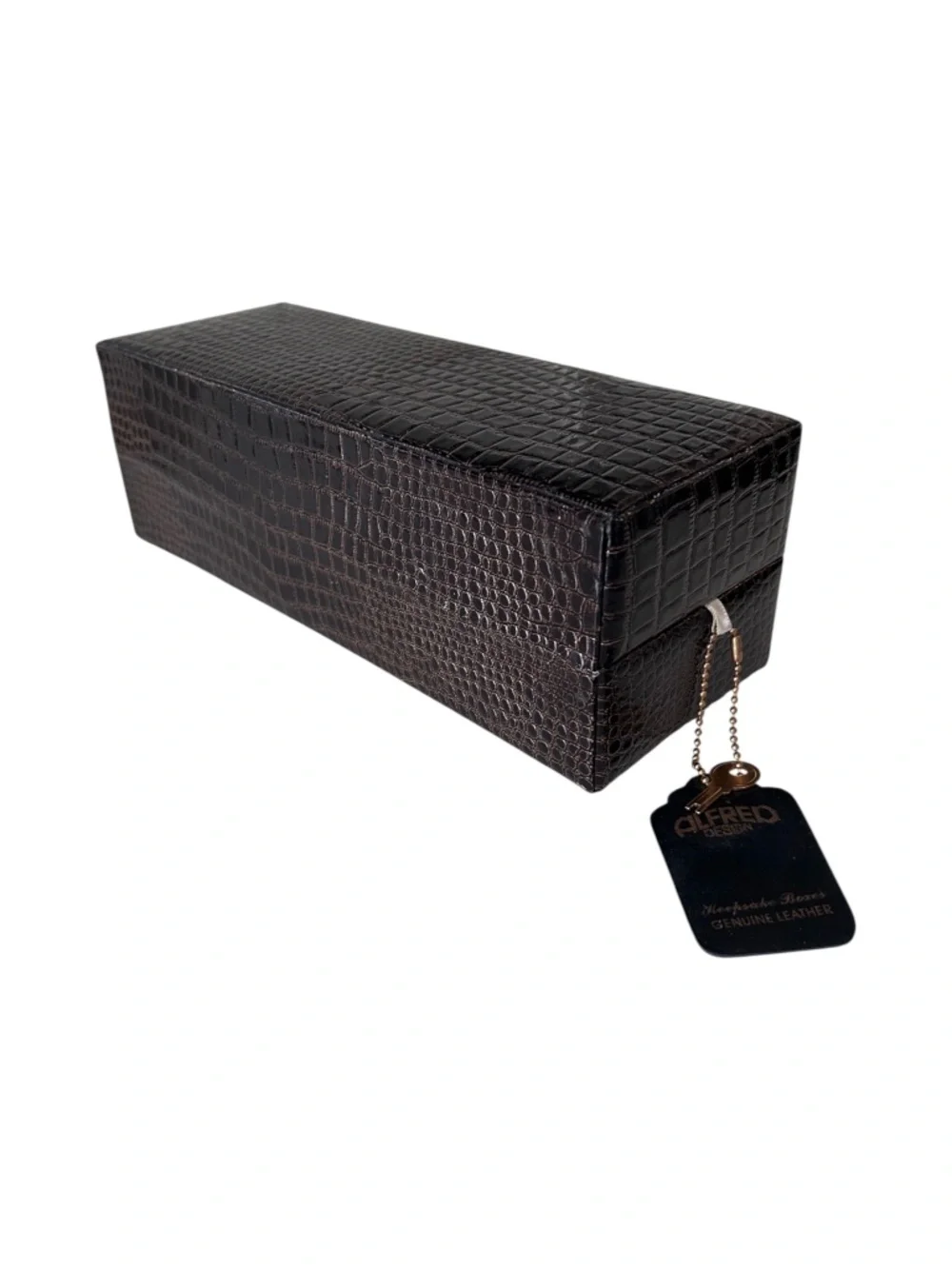NWOT Alfred Design Keepsake Jewelry Box Genuine Croc Embossed Leather w/ Key